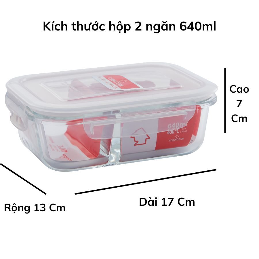 Bộ 2 Hộp Cơm Thủy Tinh Chia 2 Ngăn 640ml Hộp Chữ Nhật 370ml Kèm Túi Vuông Giữ Nhiệt COBACOOK-CCL6NL32BS