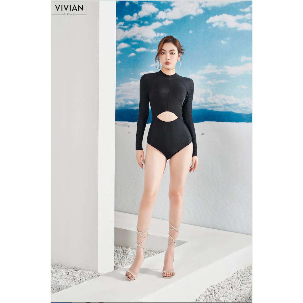 Đồ bơi nữ cao cấp  dạng một mảnh tay tạo hình cutout cách điệu - Đen - VS183_BL