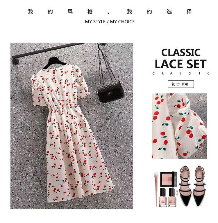 TOBE1SHOP Quần áo mùa hè 2023 Cherry in tay áo ngắn Vintage V cổ thắt lưng thiết kế cảm giác đầm cho phụ nữ