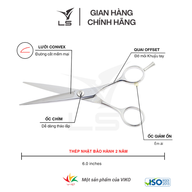 Kéo cắt tóc LS lưỡi thẳng quai cân đối xứng đỡ ngón tháo rời CB15/6.0