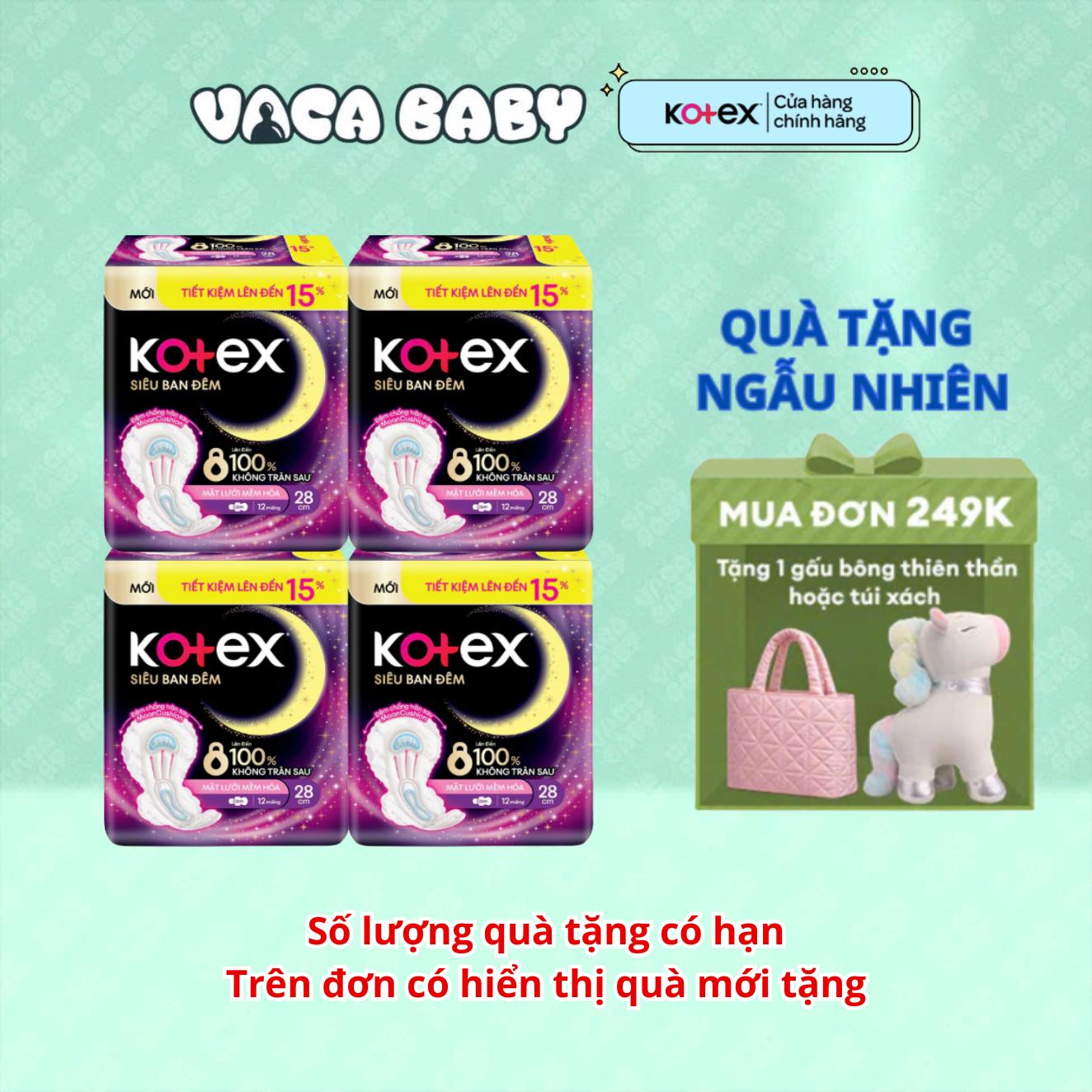 Combo 4 Gói Băng vệ sinh Kotex Siêu Ban Đêm MẶT LƯỚI MỀM HÓA Có cánh 28cm 12 miếng