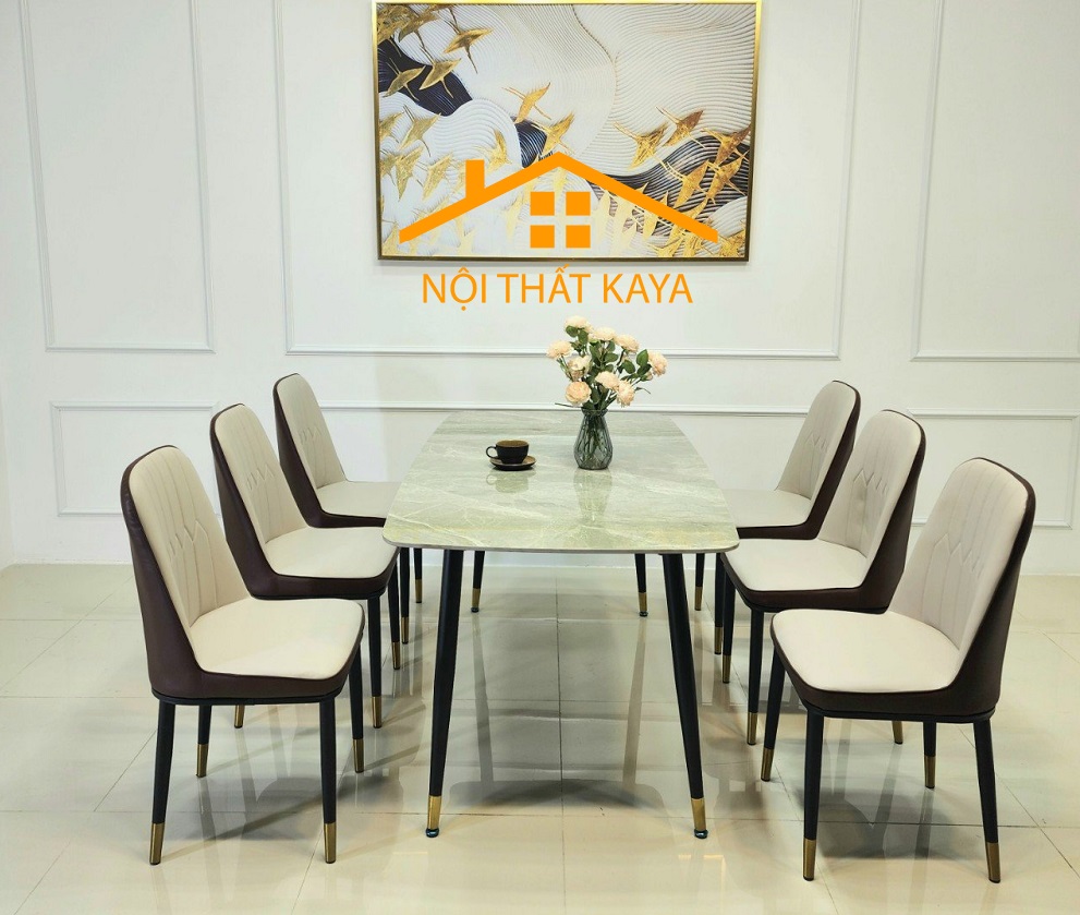 Bộ Bàn Mặt Đá Ceramic Chân Neva 90cm x 160cm x 75cm  6 Ghế Nhập Khẩu KY-GH03