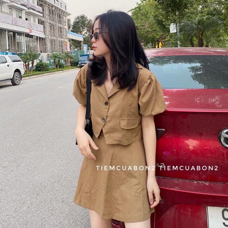 Set bộ áo vest croptop tay phồng kèm chân váy