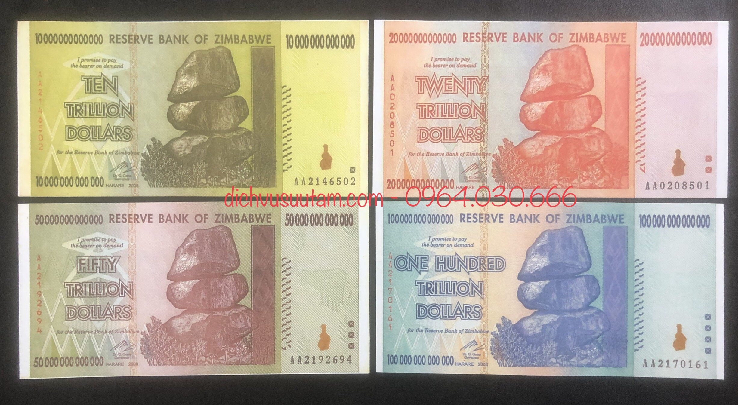 Bộ 4 tờ tiền lạm phát 10 ngàn tỉ, 20 ngàn tỉ, 50 ngàn tỉ, 100 ngàn tỉ Zimbabwe COPY lưu niệm