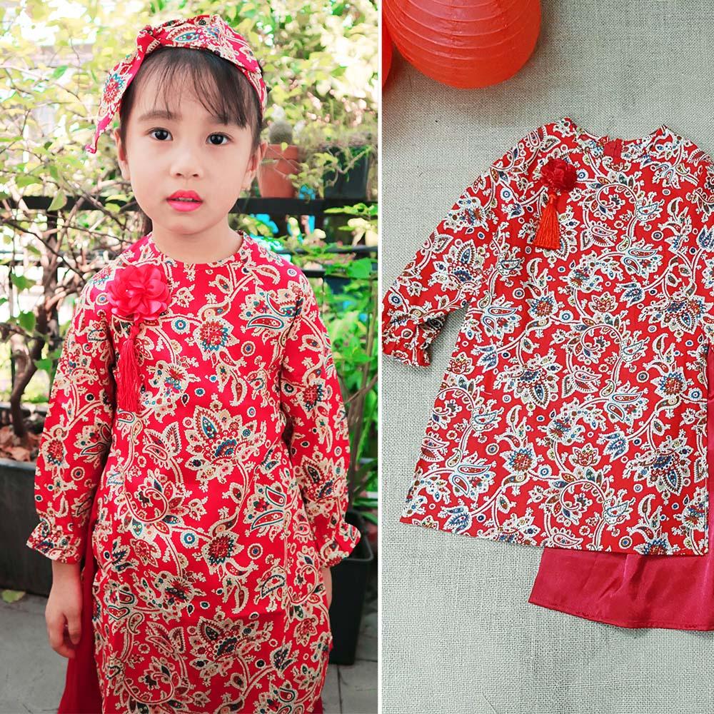 Áo dài cách tân cho bé gái hoa văn màu đỏ set áo kèm chân váy lụa và bờm tóc MamLa