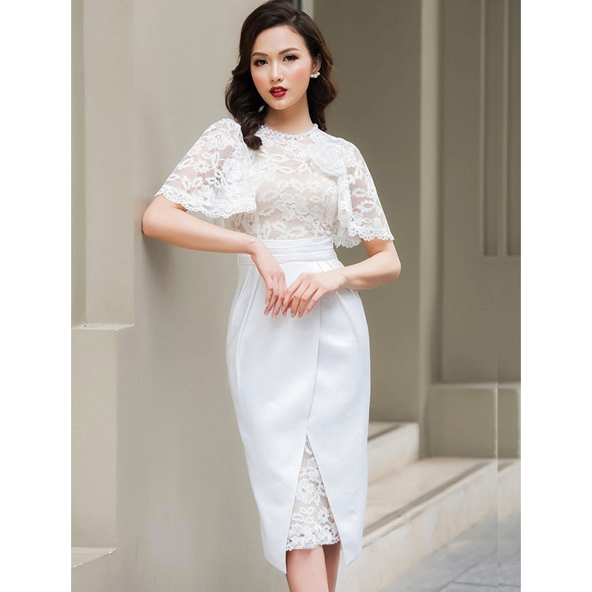 AV6513 - Đầm ôm body vạt đắp chéo tay cánh tiên phối ren sang trọng