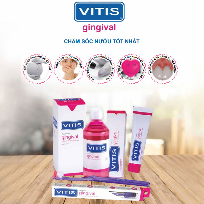Bộ chăm sóc răng miệng dành cho nướu nhạy cảm Vitis Gingival Mixed Pack (Nước súc miệng 500ml, kem đánh răng 100ml và bàn chảil, dùng được cho phụ nữ mang thai, cho con bú)