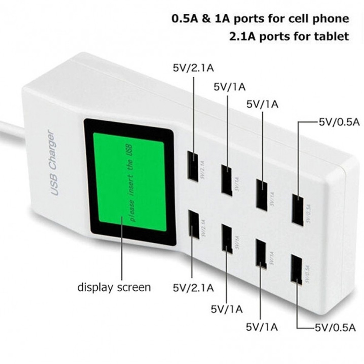 Bộ sạc điện thoại 8 cổng USB 5V-8A 40W Hỗ trợ sạc nhiều thiết bị cùng lúc + Tích hợp màn hình hiển thị dòng điện và điện áp