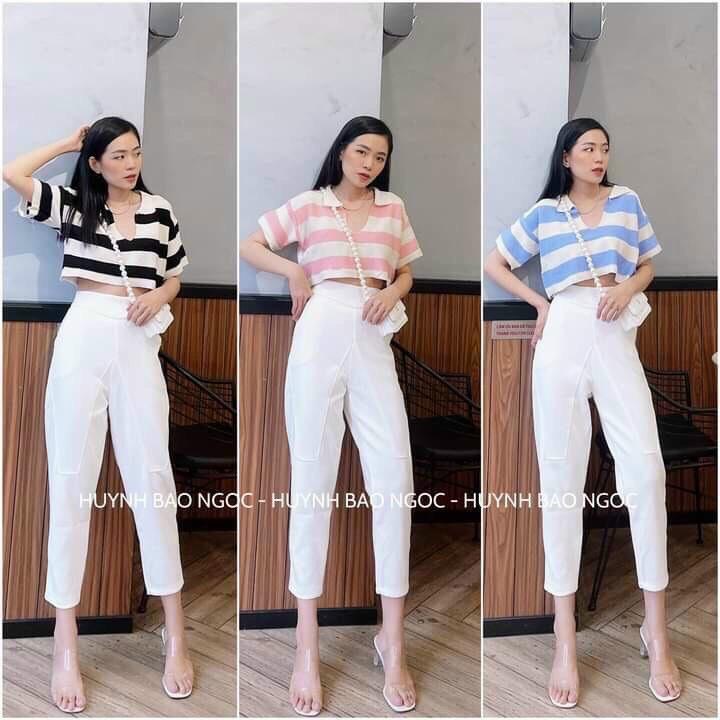 Áo croptop kẻ ngang cổ đức