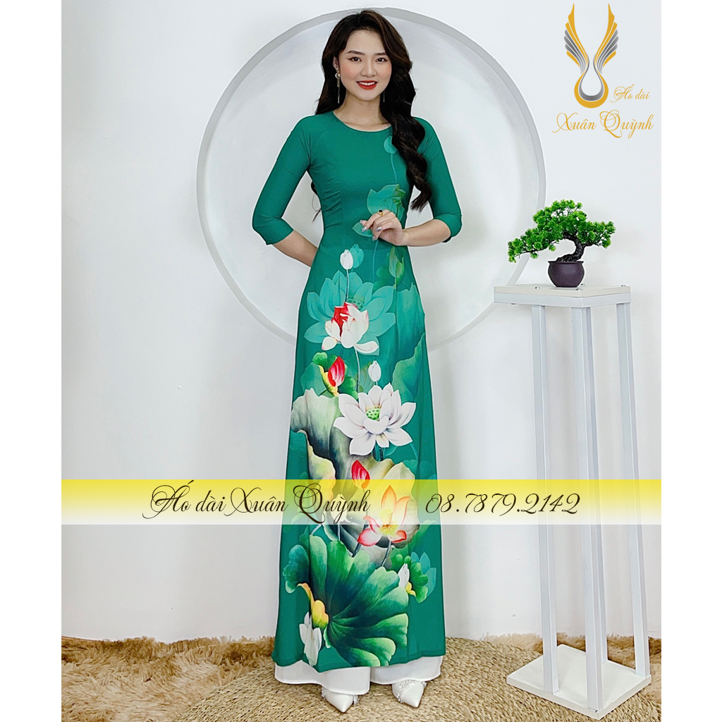 Áo Dài Xanh Ngọc Lục Bảo Sen Trắng, Duyên Dáng, Thanh Lịch Lụa Habutai Cao Cấp K100