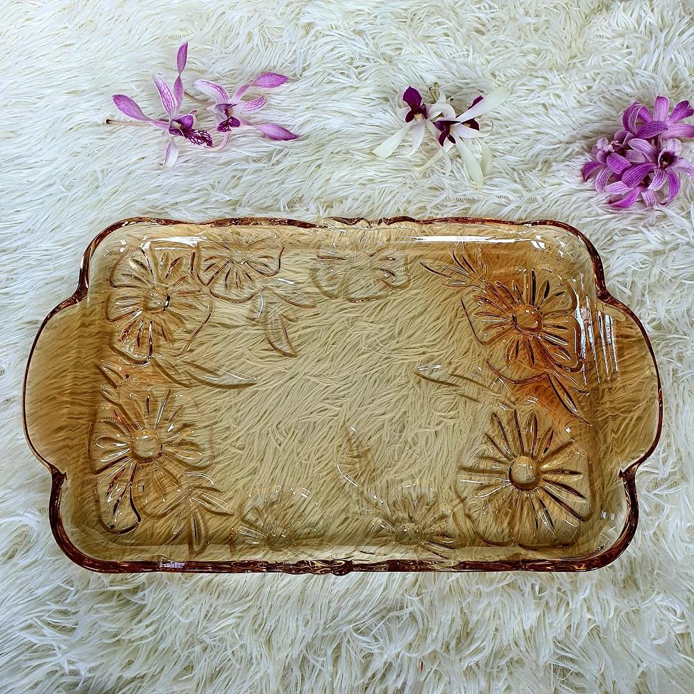 Dĩa Thủy Tinh Dài Để Ly/Cốc Hình Chữ Nhật, Khay Đựng Trái Cây, Bánh Mứt Thủy Tinh Cao Cấp Hoa Văn Nổi
