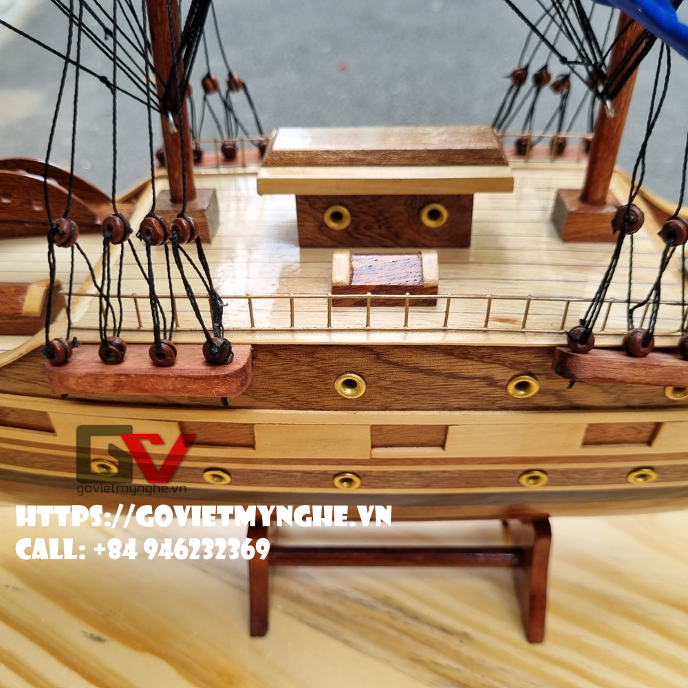 [Dài 77cm] Mô hình tàu thuyền gỗ France II trang trí nhà cửa quà tặng tân gia - Thân tàu 60cm - Buồm vải xanh - Gỗ tự nhiên
