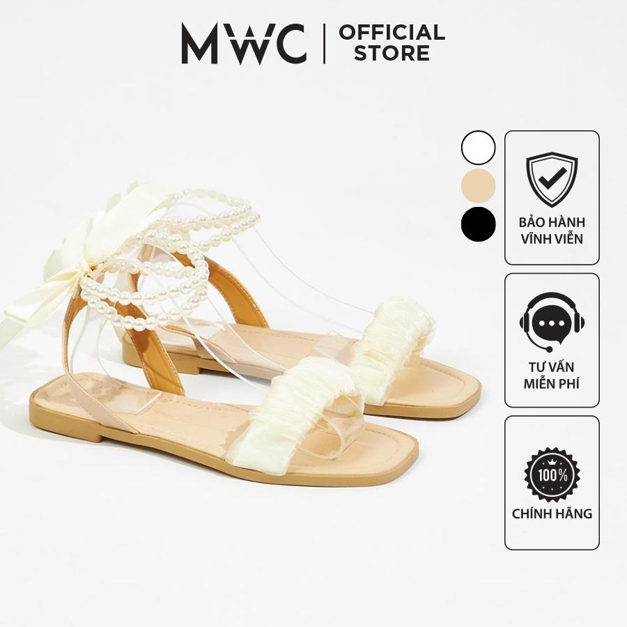 Giày sandal nữ MWC 2985 - Sandal Quai Ngang Nhún Cách Điệu Phối Quai Hậu Kết Ngọc Nữ Tính Thời Trang