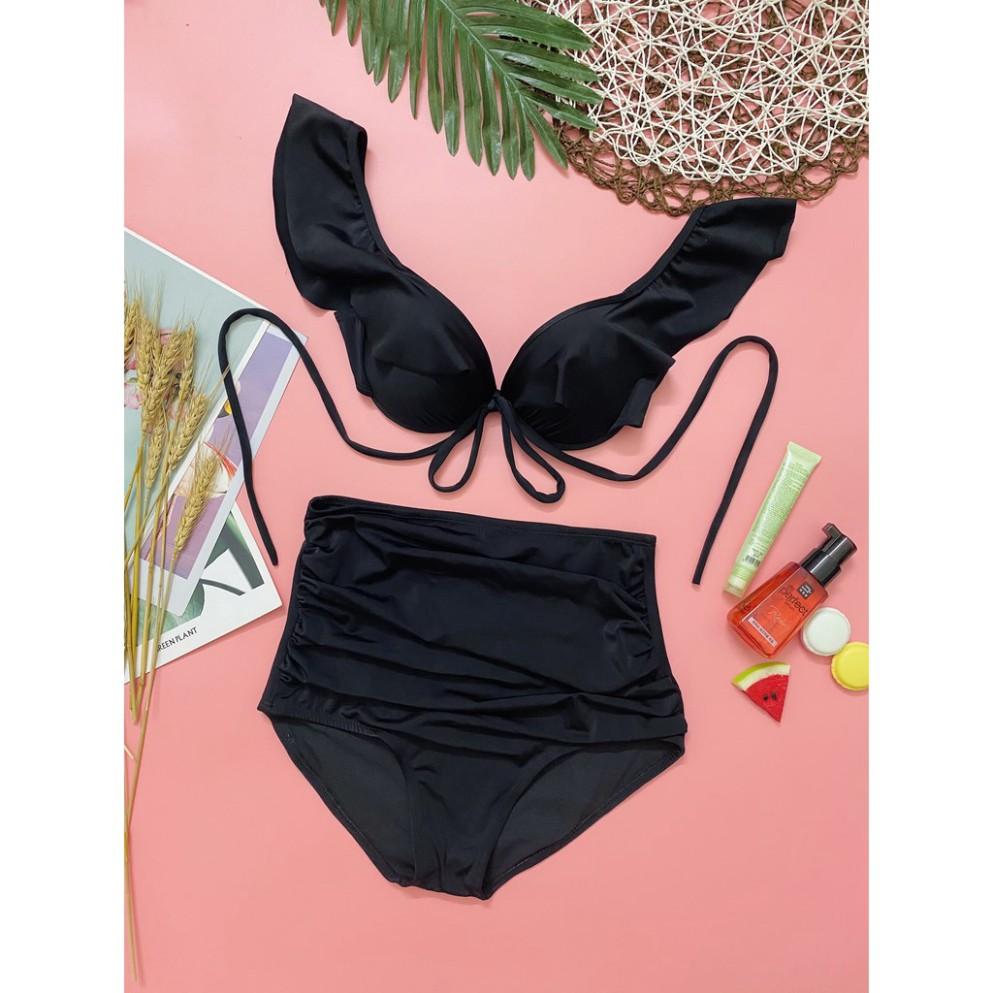 Bikini hai mảnh bộ bơi đồ bơi đẹp màu đen bèo vai đẹp mặc đi biển