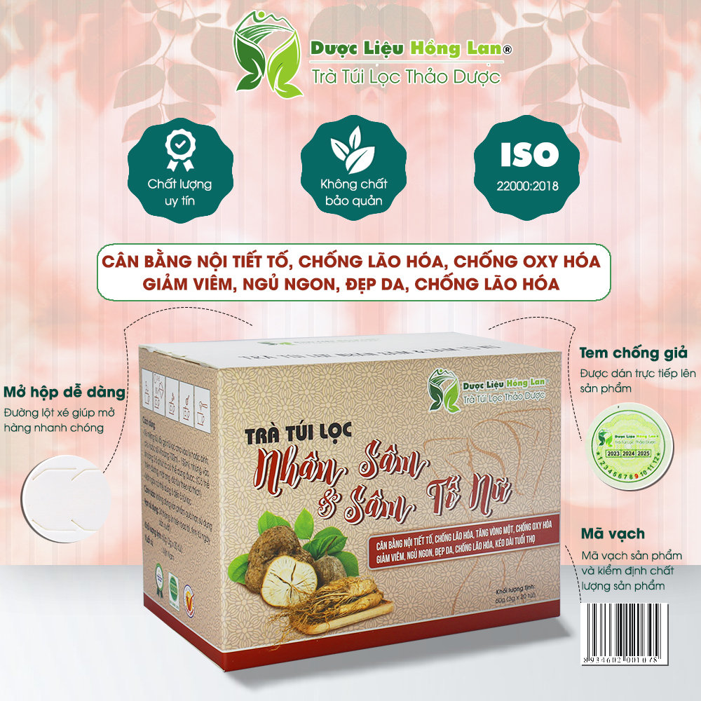 Trà túi lọc Nhân Sâm &amp; Sâm Tố Nữ 60g (20gói x 3g) Dược Liệu Hồng Lan