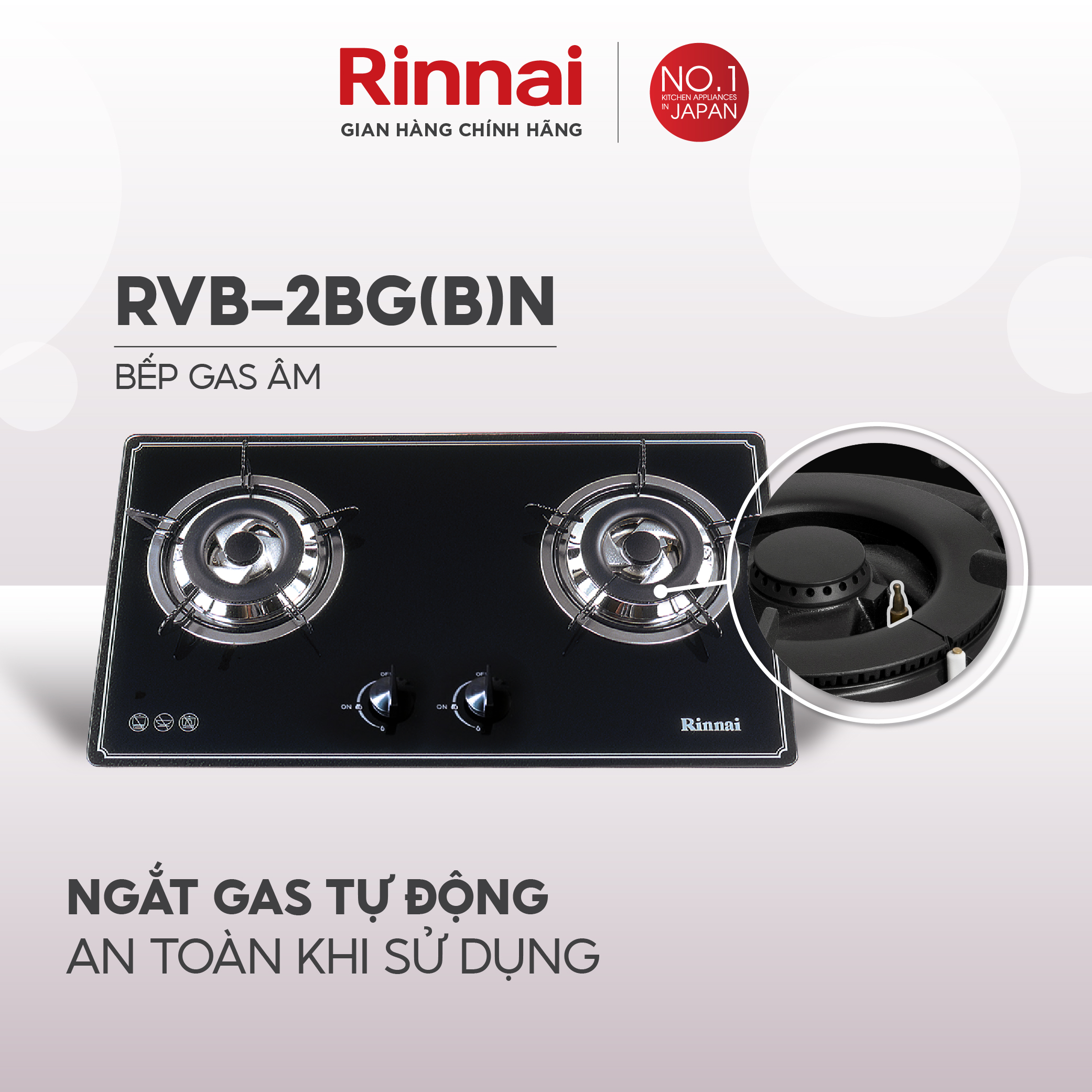 Bếp gas âm Rinnai RVB-2BGN mặt bếp kính và kiềng bếp men - Hàng chính hãng.