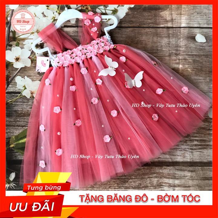 Đầm công chúa cho bé️️ Đầm công chúa hồng cam phối hồng phấn nhạt đính hoa hồng bướm