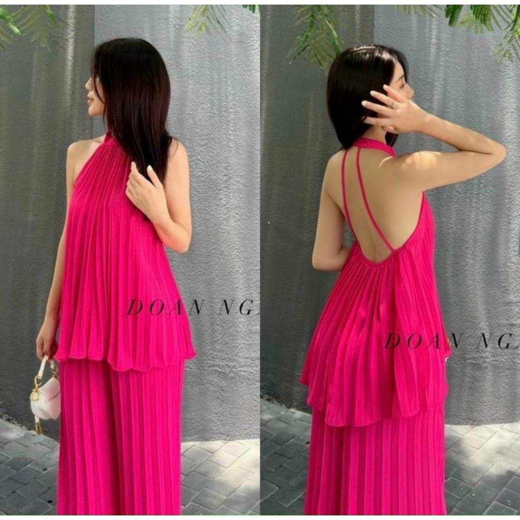SET 2 MÓN ÁO YẾM HỞ LƯNG XẾP LY MIX QUẦN ỐNG RỘNG XẾP LY CHO CÁC NÀNG ĐI CHƠI DẠO BIỂN OKELA - đen