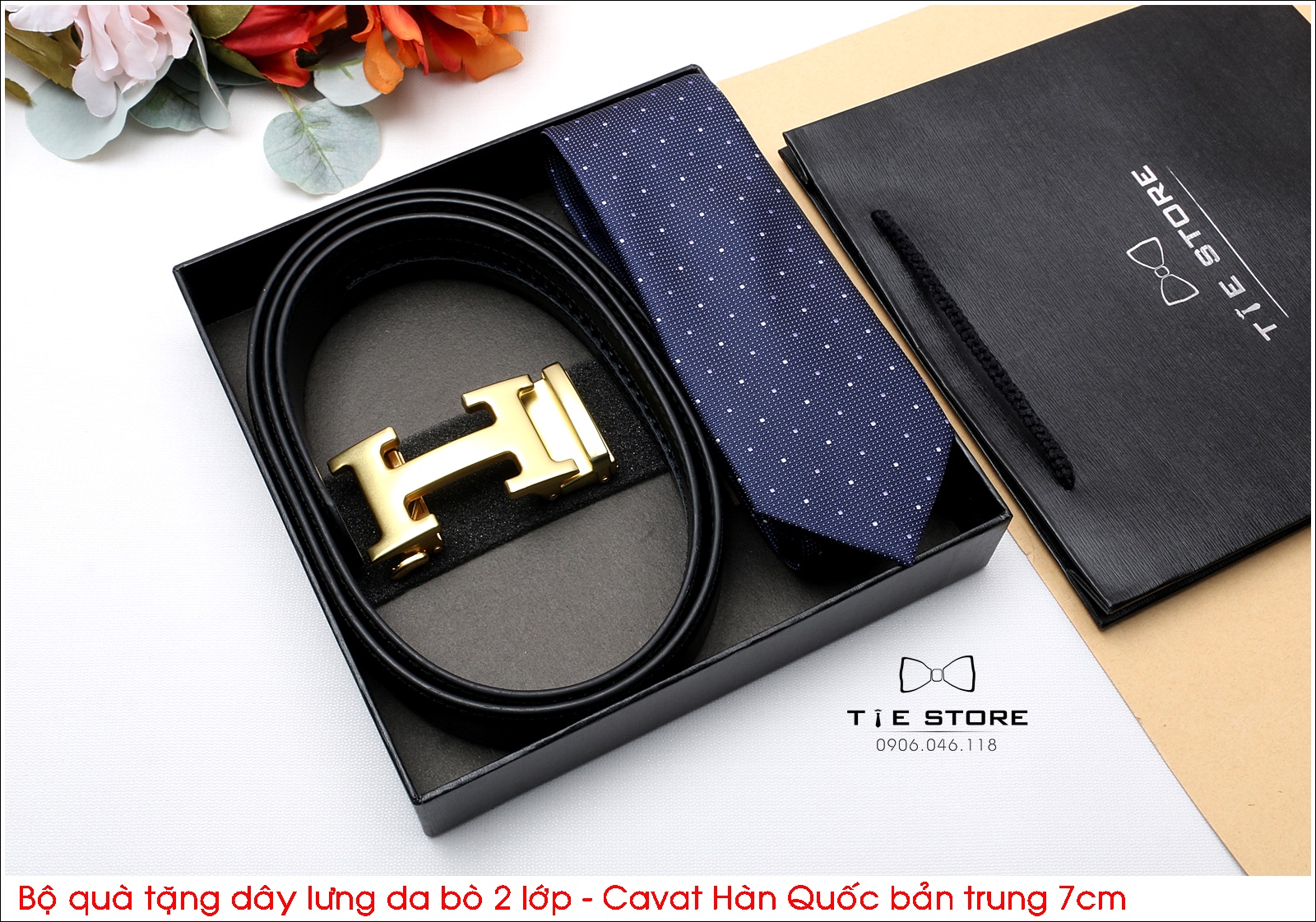 Bộ quà tặng thầy, tặng người thân, tặng sếp, Dây lưng da bò 2 lớp - Cavat hàn quốc bản trung 7cm - Full box MS2