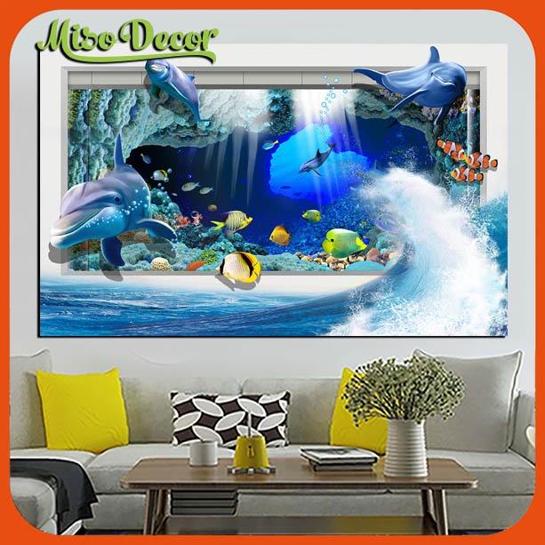 Tranh phòng khách 3D cá đại dương in decal