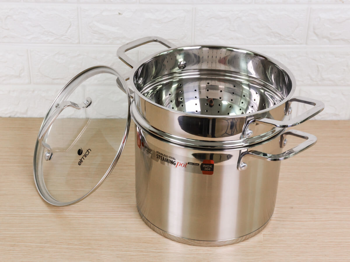 Bộ nồi xửng hấp Inox 304 Elmich EL3361 26cm nắp kính dùng bếp từ - Hàng chính hãng