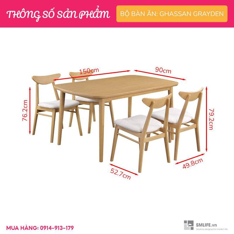 Hình ảnh Bộ bàn ăn 4 ghế gỗ vân veneer xoan đào hiện đại SMLIFE Ghassan Grayden | D150 x R90 x C76 | gỗ Cao Su và Veneer xoan đào