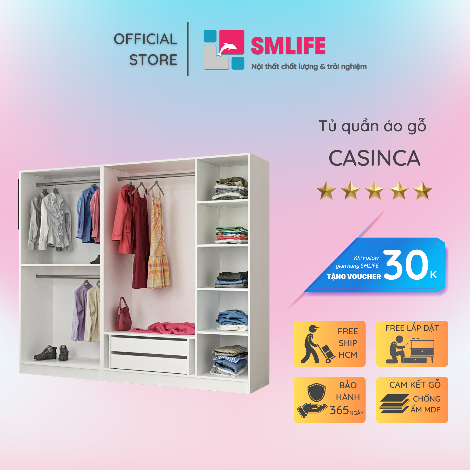 Tủ đựng quần áo bằng gỗ thiết kế đa năng tiện ích SMLIFE Casinca