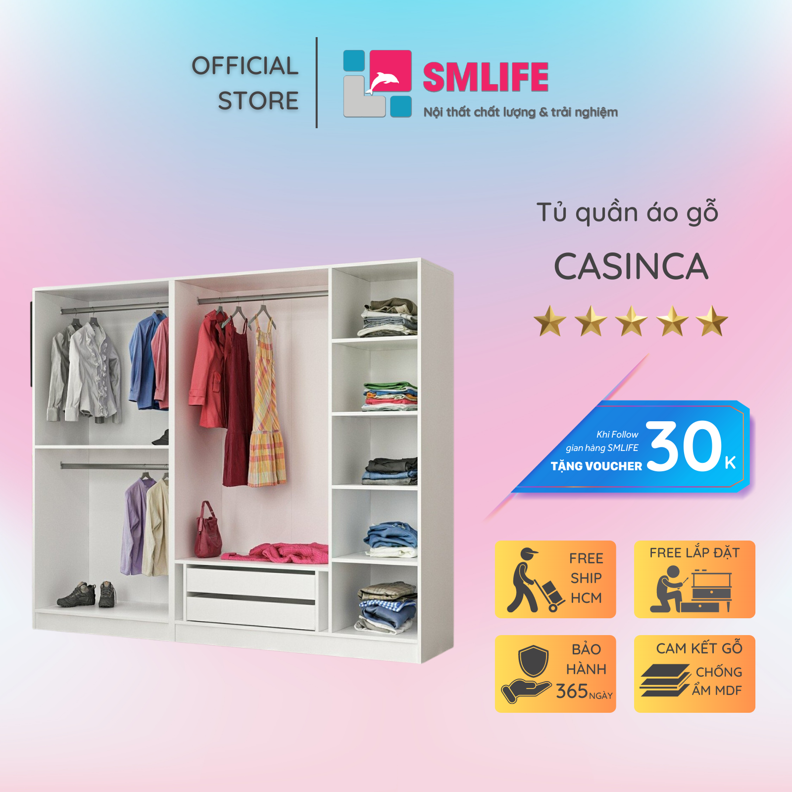 Tủ quần áo gỗ hiện đại SMLIFE Casinca  | Gỗ MDF dày 17mm chống ẩm | D225xR52xC190cm