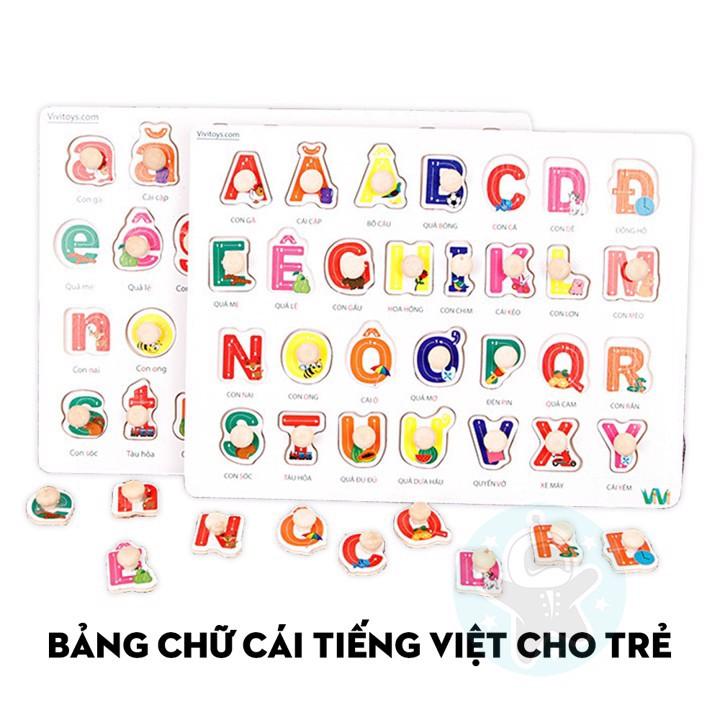 Đồ chơi bằng gỗ bảng múm chứ cái tiếng việt in thường, in hoa