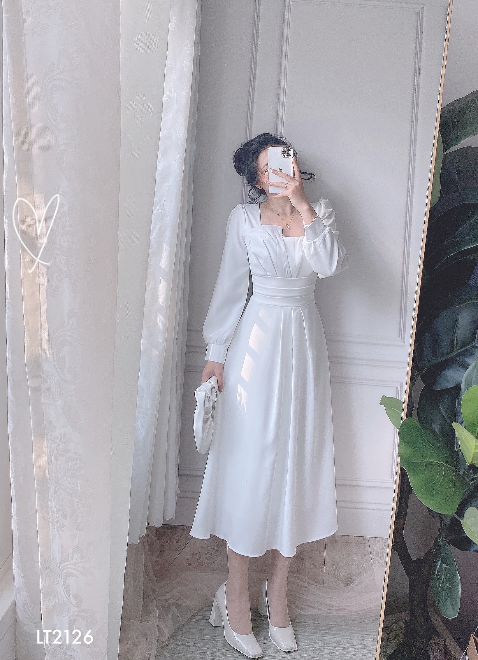 Đầm Midi Trắng Bo Eo Tay Phồng
