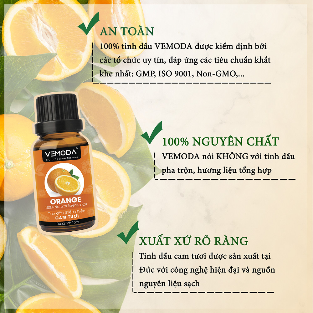 Tinh dầu Cam tươi cao cấp. Orange Essential Oil 30ML. Tinh dầu xông phòng giúp khử mùi, kháng khuẩn, thanh lọc không khí, xua đuổi côn trùng, chăm sóc da. Tinh dầu thơm phòng cao cấp Vemoda