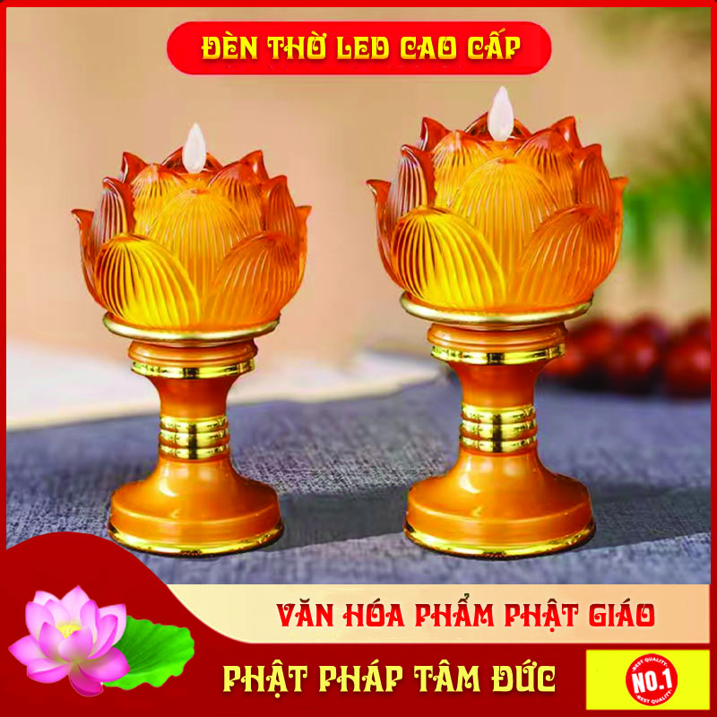 Đèn thờ, đèn ban thờ đế hợp kim hoa sen thủy tinh LED cao cấp -  Cỡ lớn