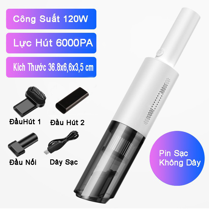 Máy hút bụi cầm tay, hút bụi xe ô tô, xe hơi, giường nệm, lực hút mạnh 16000PA, pin sạc không dây - Chính hãng VinBuy