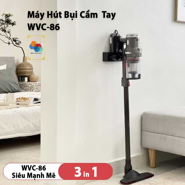 Máy hút bụi cầm tay Hitech WVC-86 hút mạnh mẽ 20000Pa, có dây hút và giá treo tường, hàng chính hãng