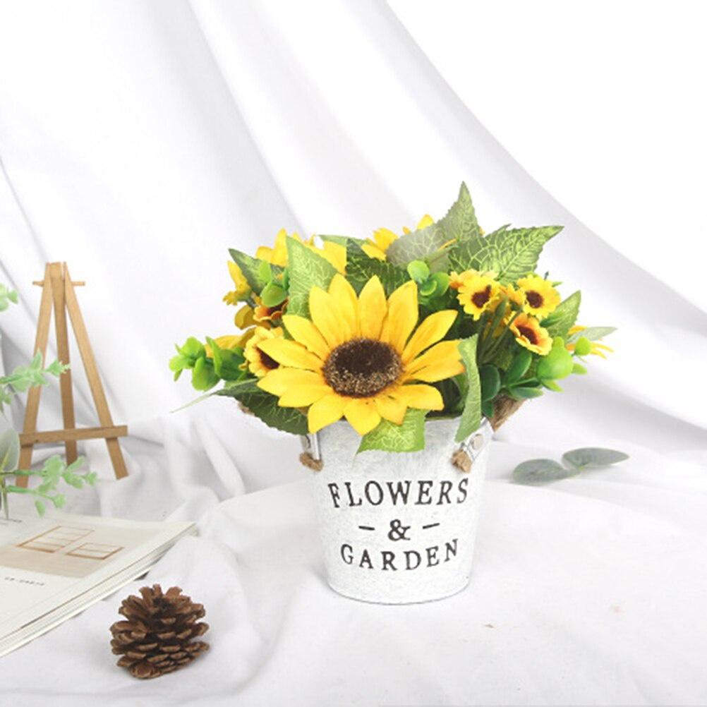 Artificial Sunflower Bouquet with Vase Plastic Simulation Yellow Flowers Metal Potted Bonsa for Home Office Party Wedding Decor