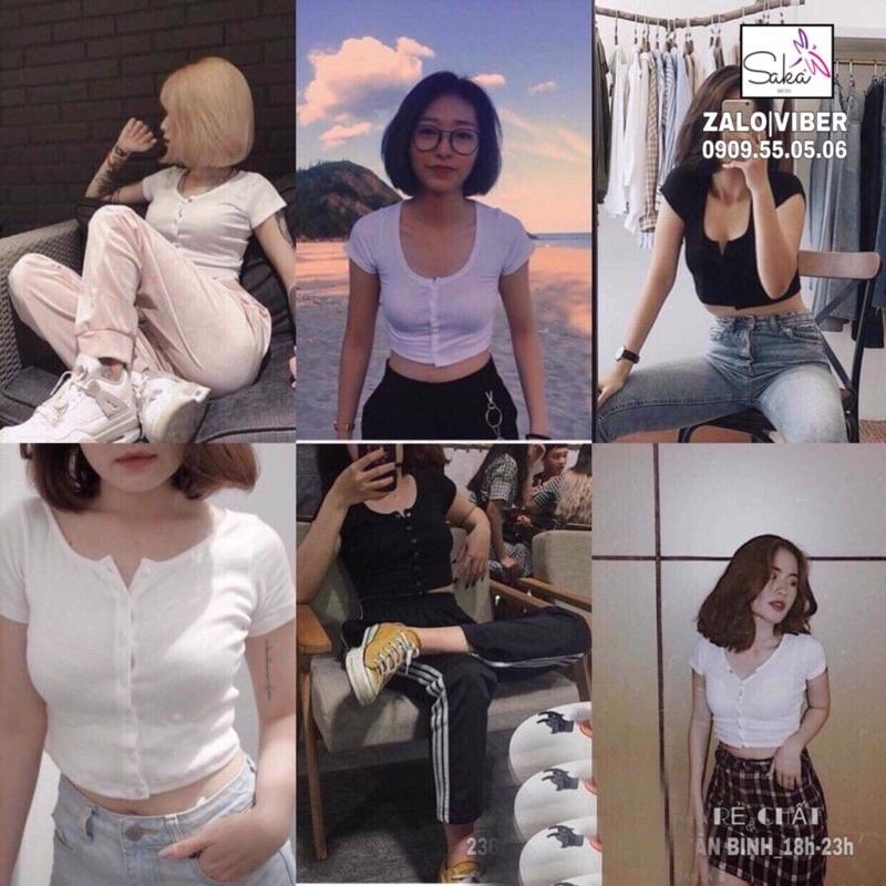 Áo croptop nút trắng &amp; đen vải thun gân tăm loại xịn