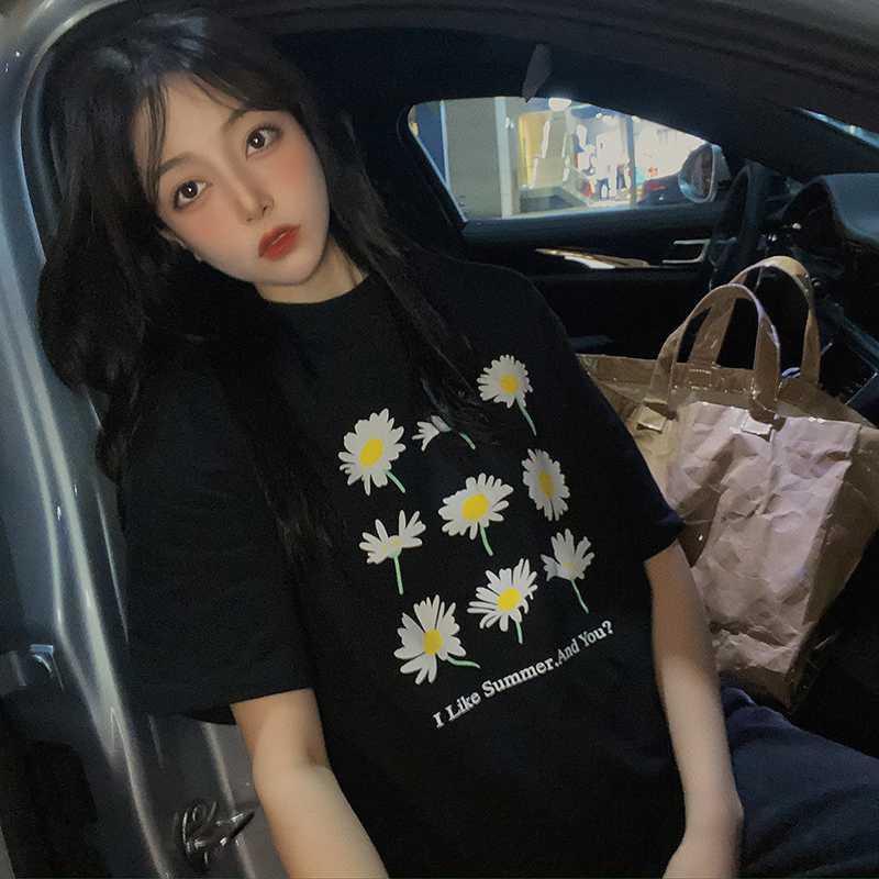 Áo Thun Tay Ngắn Cổ Tròn Hoạ Tiết Hoa Thiết Kế Dáng Rộng Thoải Mái