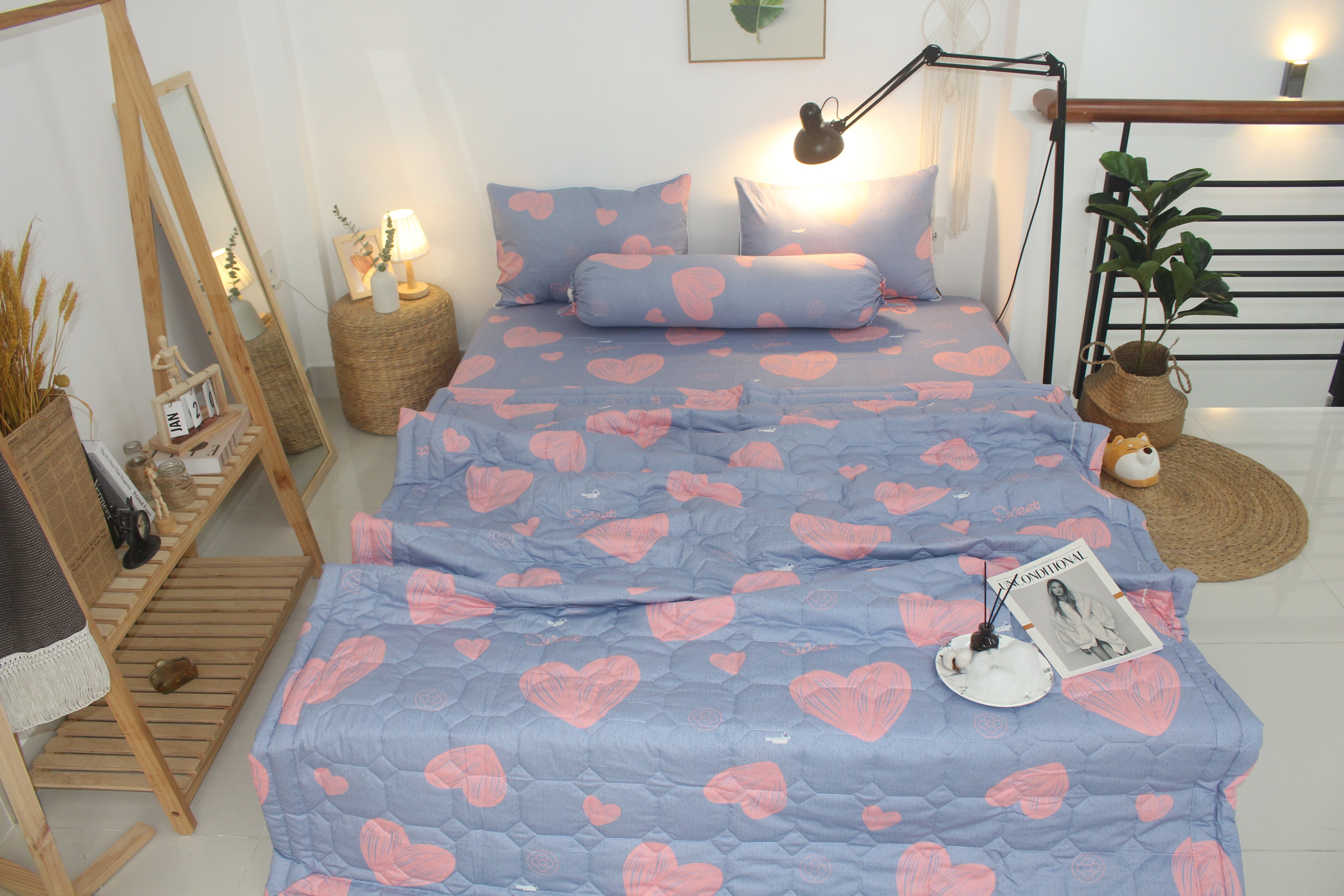 Bộ Drap Gối Cotton -Mẫu Trái Tim- vải dày dặn, mát mẻ, siêu thấm mồ hôi