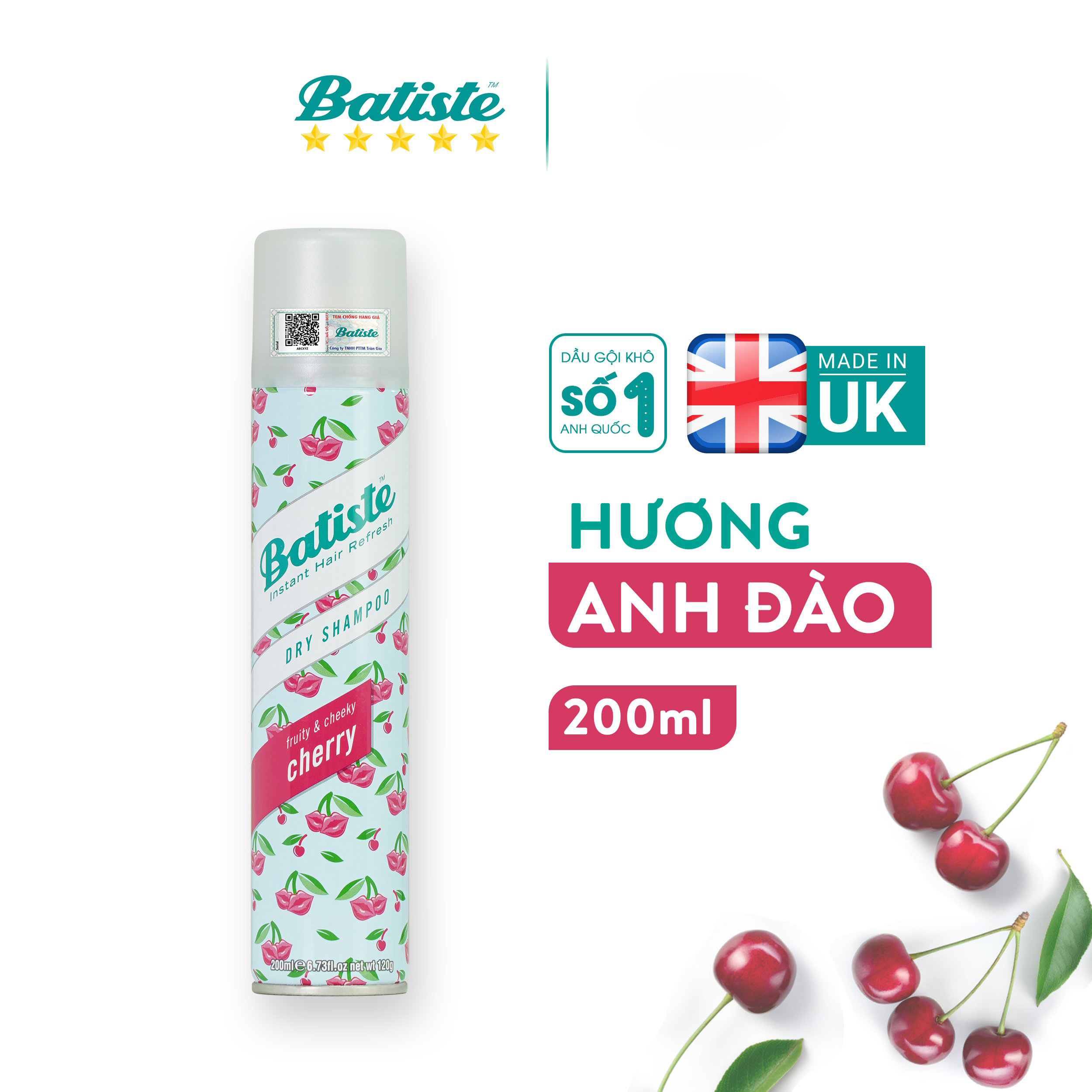 Dầu Gội Khô Hương Anh Đào - Batiste Dry Shampoo Fruity &amp; Cheeky Cherry 200ml