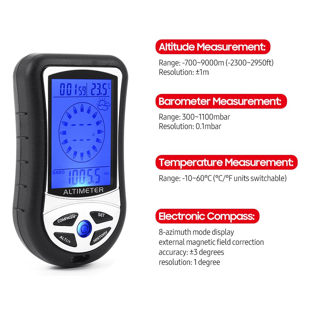 8-in-1 Multifunctional Electronic Altimeter Barometer LCD Digital Compass Thermometer Portable Handheld Height Gauge Weather Forecast Barometric Pressure Tester Air Gauge