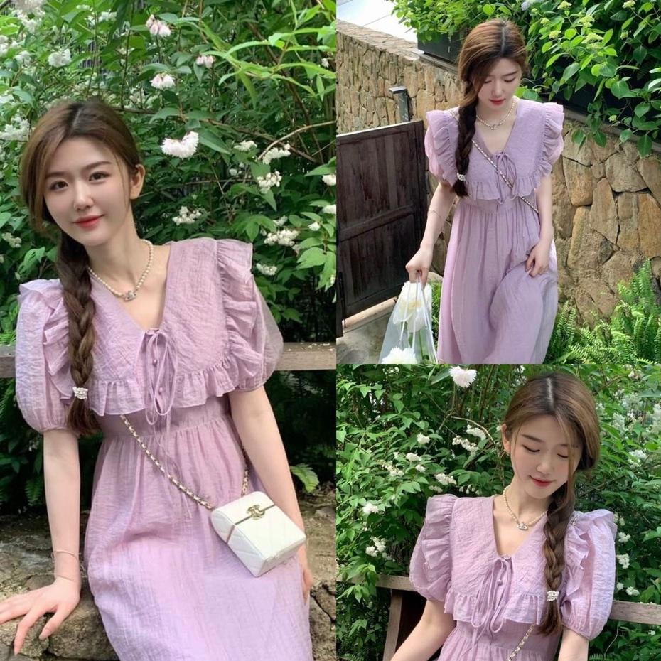 Đầm váy nữ cổ bèo canh tiên họa tiết màu tím dáng xòe tôn dáng trẻ trung sang trọng thanh lịch siêu xinh Hàn Quốc
