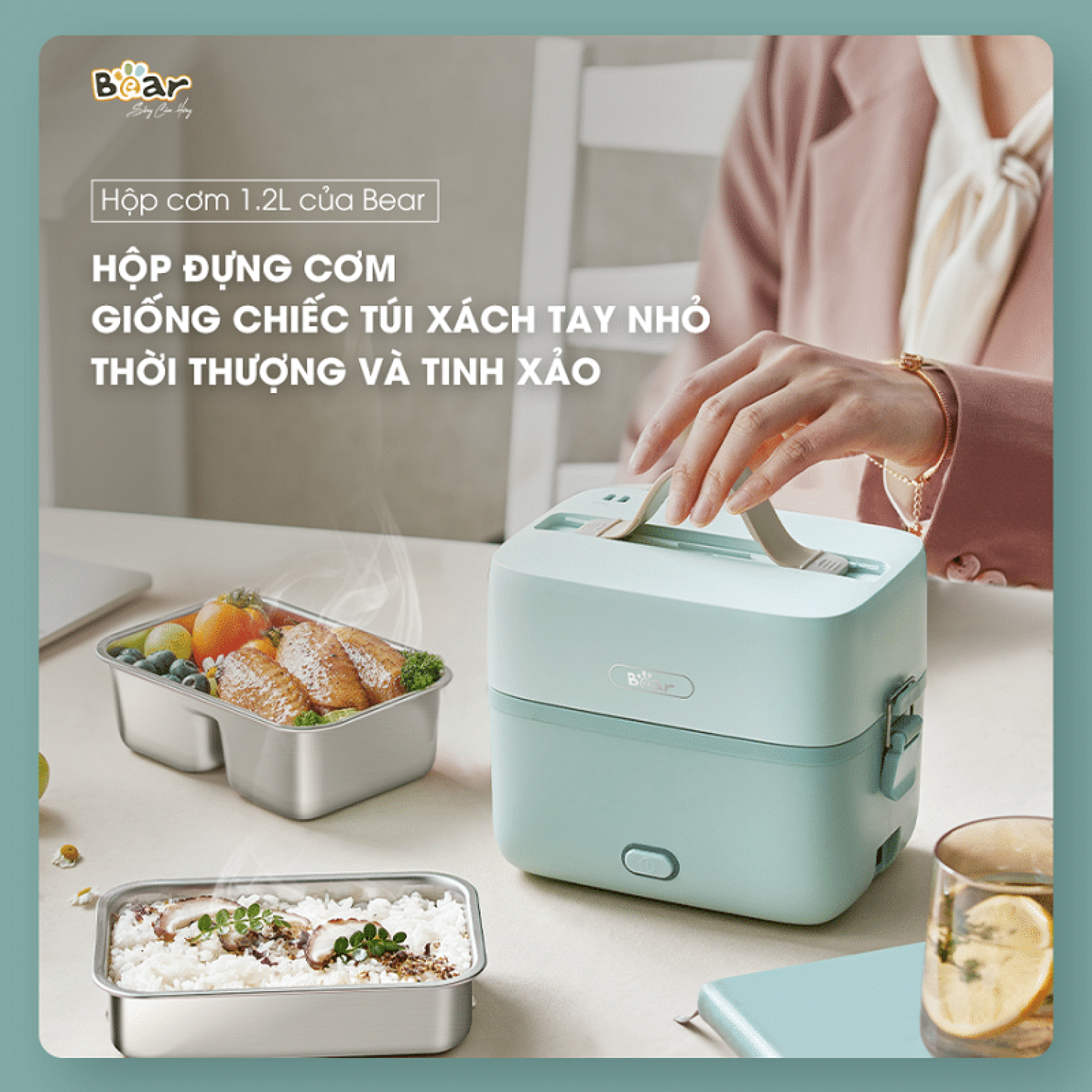 Hộp Cơm Điện Và Nấu Chín BEAR SB-HC12L Inox 304 An Toàn Dung Tích 1.2 Lít - Hàng Chính Hãng