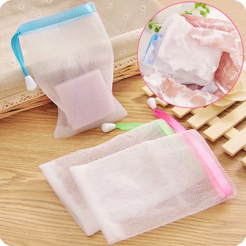 Túi lưới để xà bông tạo bọt, dày 2 lớp, có dây rút ( 9,5cm * 15cm), túi tạo bọt xà phòng /Mesh Foaming Soap Bag