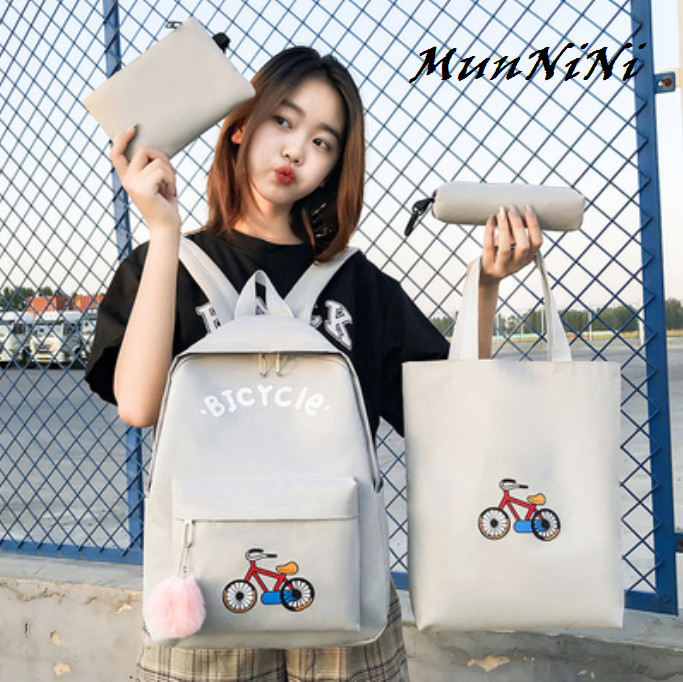 Balo nữ combo 4 món đi học thời trang sinh viên học sinh ba lô set cặp thời trang xe đạp- Munnini