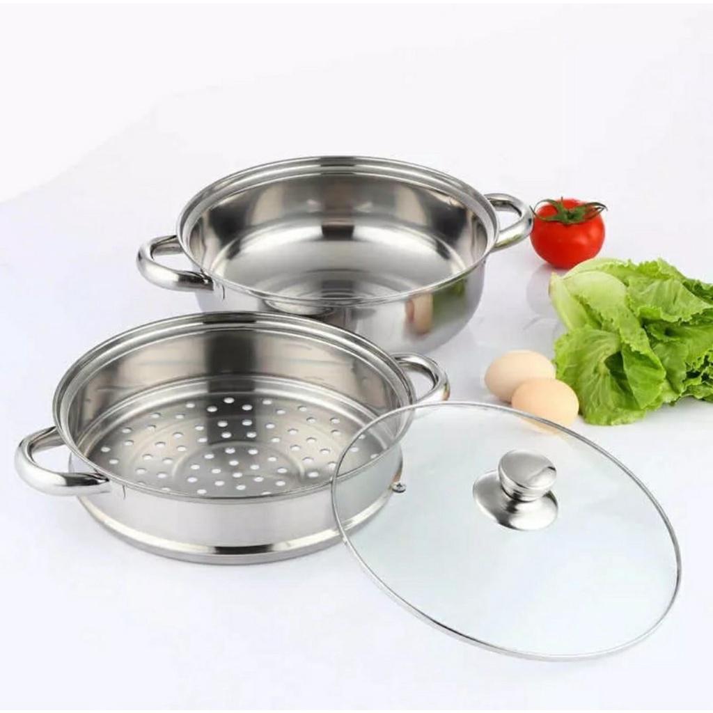 Nồi Hấp Inox 2 Tầng  Đa Năng, Nồi Hấp Bánh Bao, Hấp Trứng Cao Cấp Nắp Kính