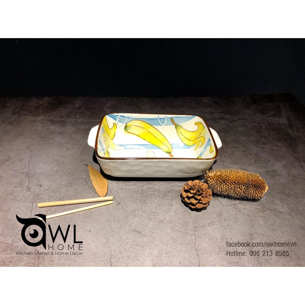 Thố chữ nhật họa tiết trái cây banana/water melon ceramic