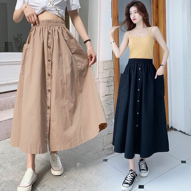 Chân váy xòe có cúc,phong cách Hàn Quốc trẻ trung