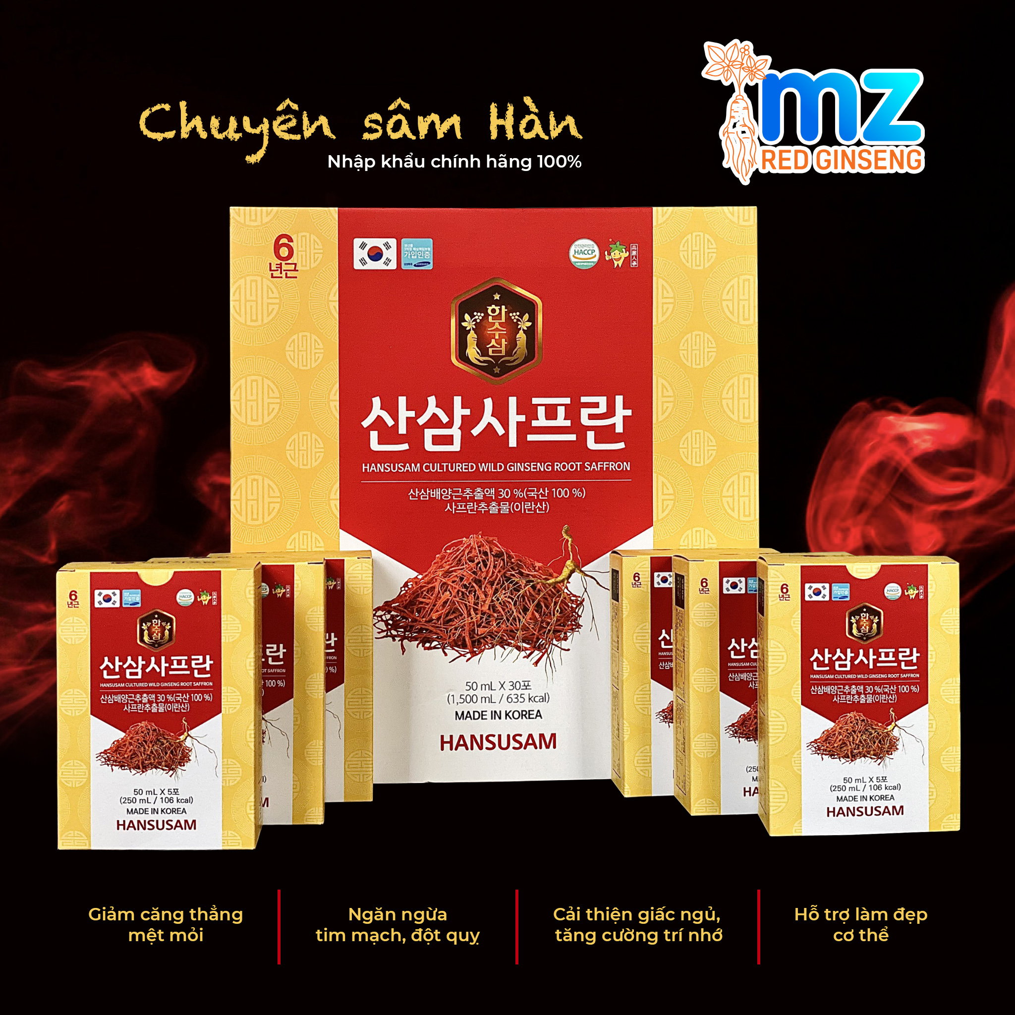 Nước chiết xuất sâm núi Saffron Hansusam, hộp 30 gói x 50ml