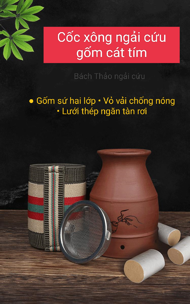 Cốc xông chườm ngải cứu gốm cát tím cao cấp giữ ấm tốt, năng lượng.