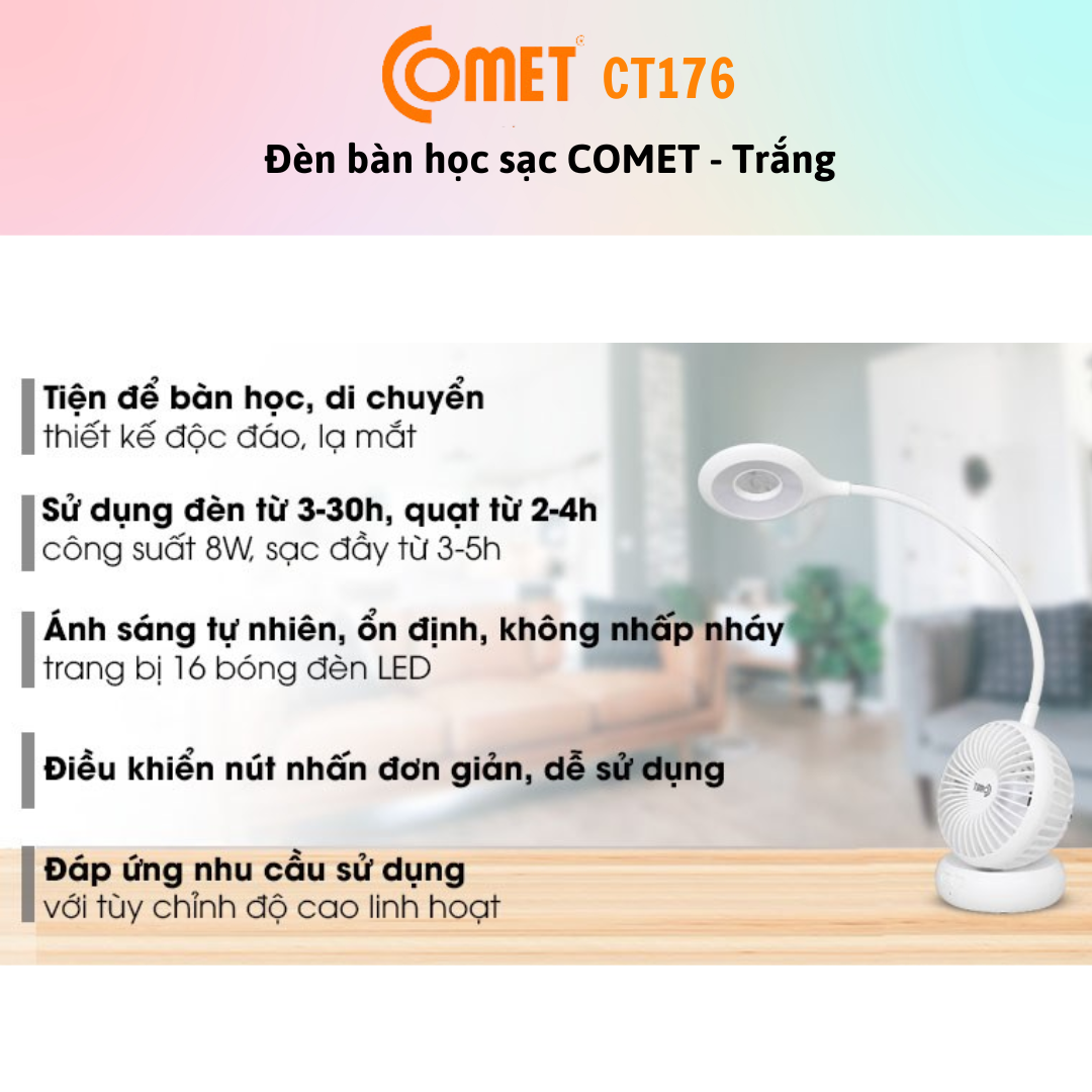 Đèn Bàn + Đèn Sạc 2 Trong 1 LED COMET CT176W - Màu